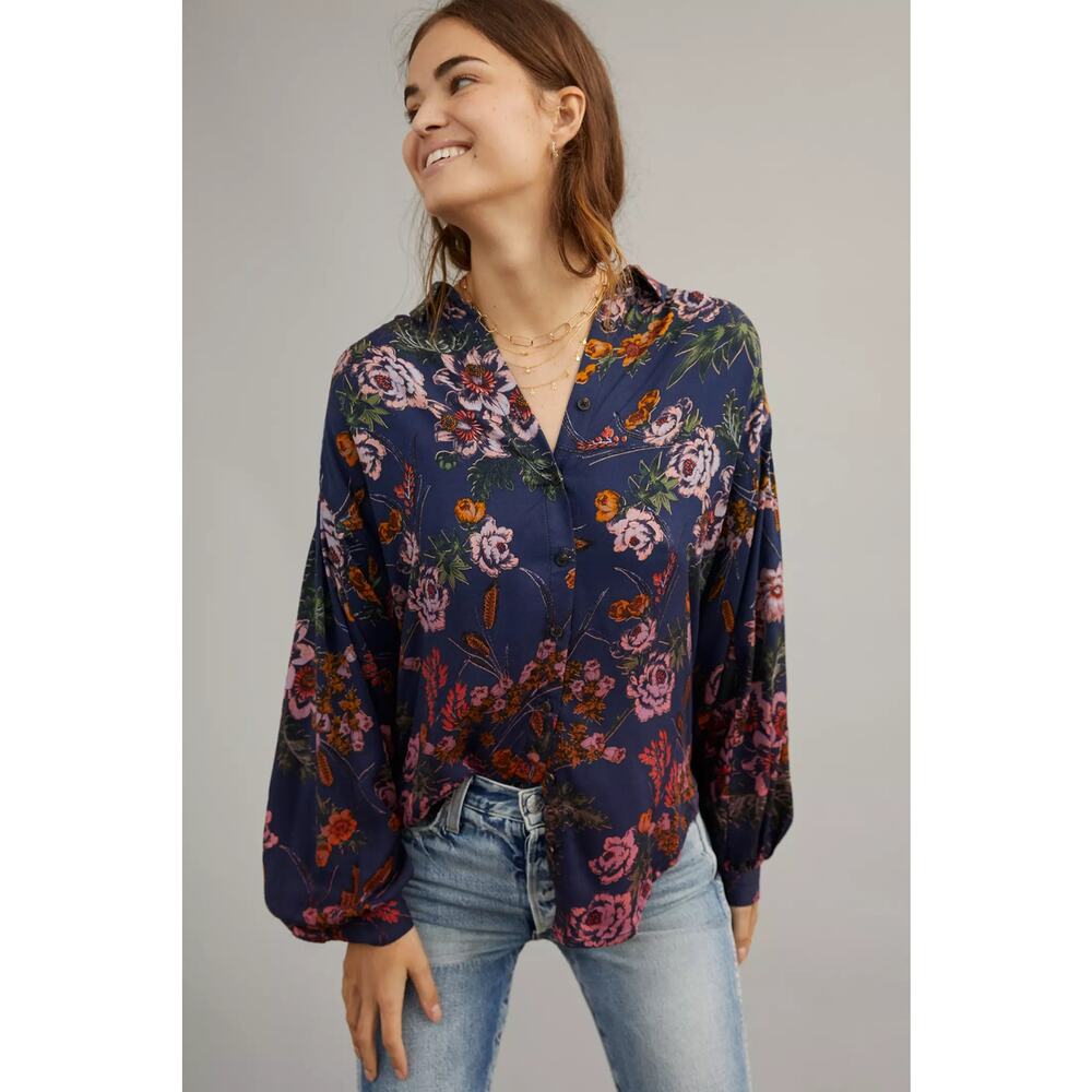 Anthropologie Pilcro Evika Floral Long Sleeve Button-Down Shirt Navy Blue Large